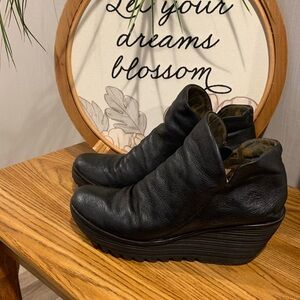 Fly London YIP Black Leather Platform Ankle Boots